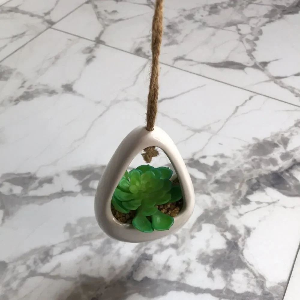 Mini Hanging Faux Succulent Planter White Ceramic Decor Boho Farmhouse